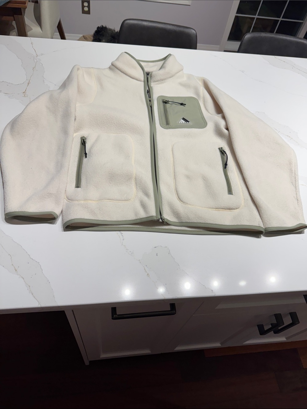 Cream Teddy Jacket with Sage Trim and Zip Pockets - Women